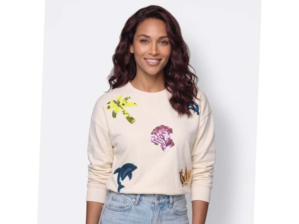 White Birch Sweatshirt Size M Cream Sequin Palm Tree Dolphin Anchor